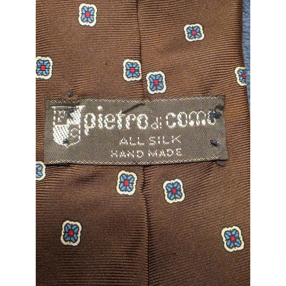Pietro Di Como Mens Brown Silk Geometric Medallion Print Tie Made in USA